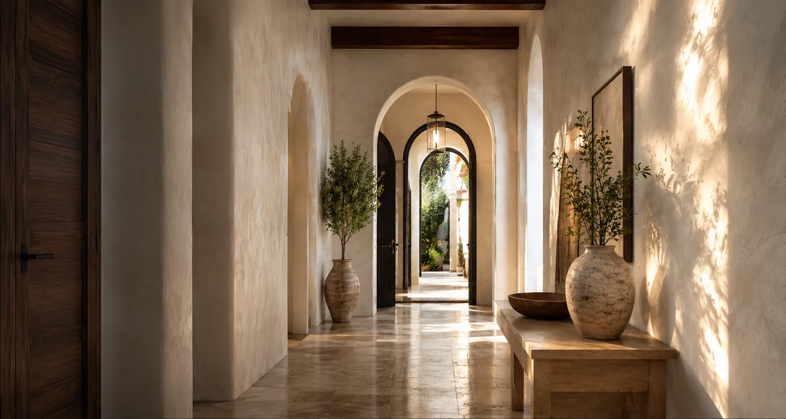 Sunlit plastered hallway with arched doorways, terracotta vases, and an olive tree.